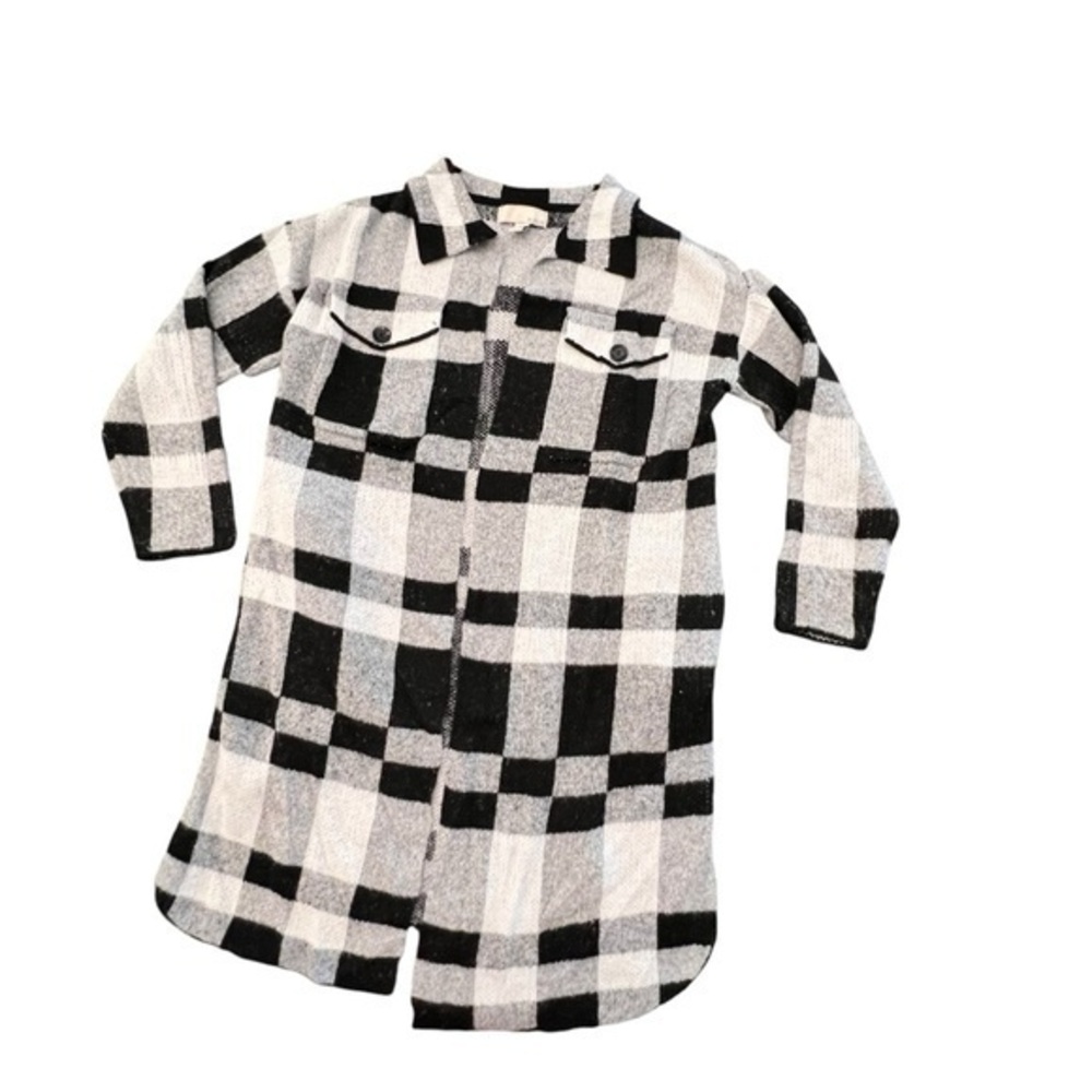 Buffalo Plaid Open Long Cardigan Sweater Black White Boho Cowgirl Long Sleeve